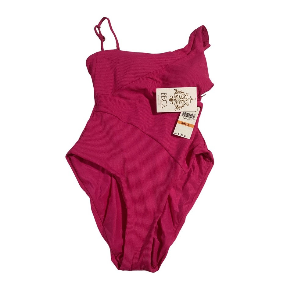 Becca Fine Line‎ Ribbed One Shoulder One Piece Swimsuit Dragonfruit Pink Small